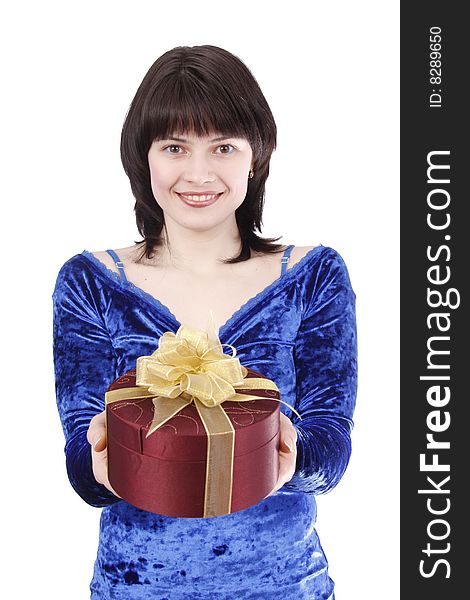 Beautiful smiling woman with a gift. Attractive girl holding purple box with gold ribbon. Pretty teenager is giving a present. Isolated over white background. Beautiful smiling woman with a gift. Attractive girl holding purple box with gold ribbon. Pretty teenager is giving a present. Isolated over white background