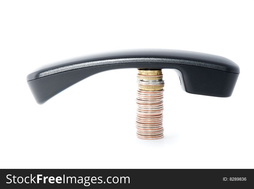 Make a call and get money - phone handset and coins stack