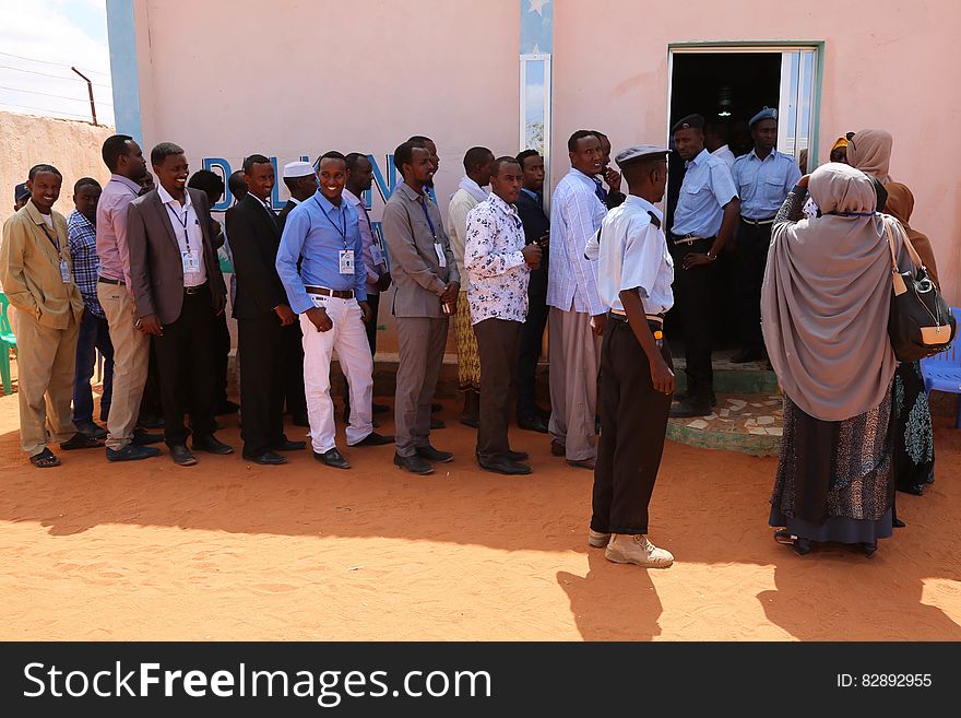 Delegates queue up during the electoral process to choose members of the Lower House of the of the Federal parliament in Cadaado, Somalia on November 28, 2016. AMISOM Photo. Delegates queue up during the electoral process to choose members of the Lower House of the of the Federal parliament in Cadaado, Somalia on November 28, 2016. AMISOM Photo