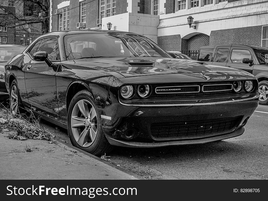 A black and white view of a modern Dodge Challenger.