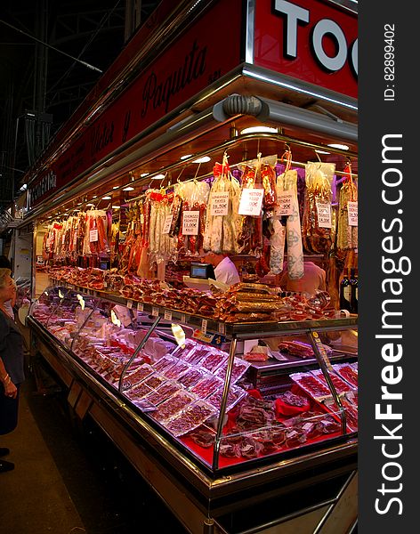 Meat shop with display in Barcelona, Spain. Meat shop with display in Barcelona, Spain.