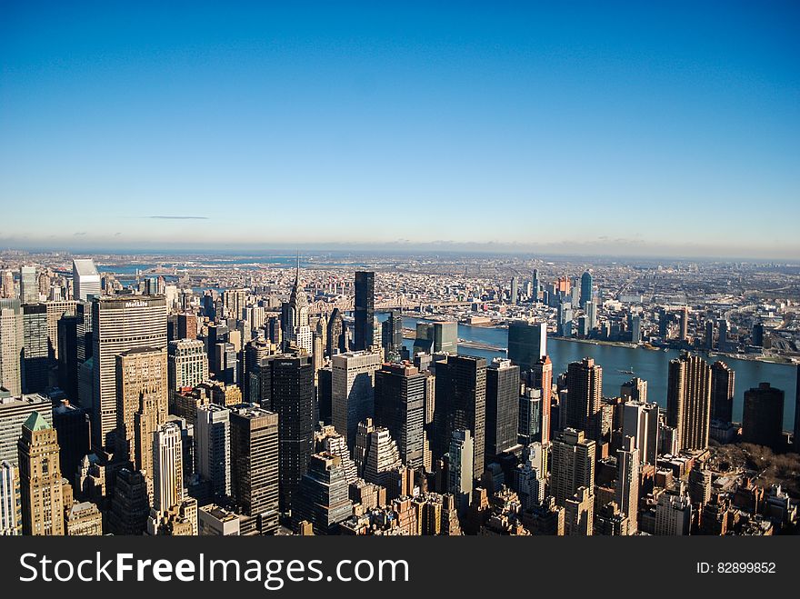 Aerial view looking over skyline of New York city, USA. Aerial view looking over skyline of New York city, USA.