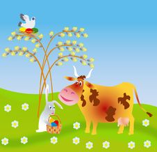 An Easter Rabbit Gives A Cow An Easter Egg Stock Photography An Easter Rabbit Gives A Cow An Easter Egg Stock Photography