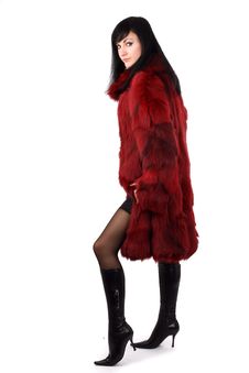 Brunette Is In A Red Fur Coat Stock Photos Brunette Is In A Red Fur Coat Stock Photos