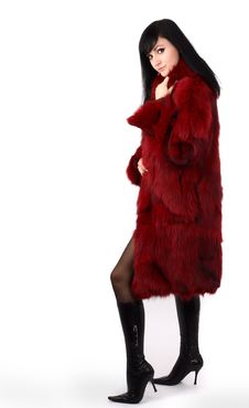 Brunette Is In A Red Fur Coat Stock Image Brunette Is In A Red Fur Coat Stock Image