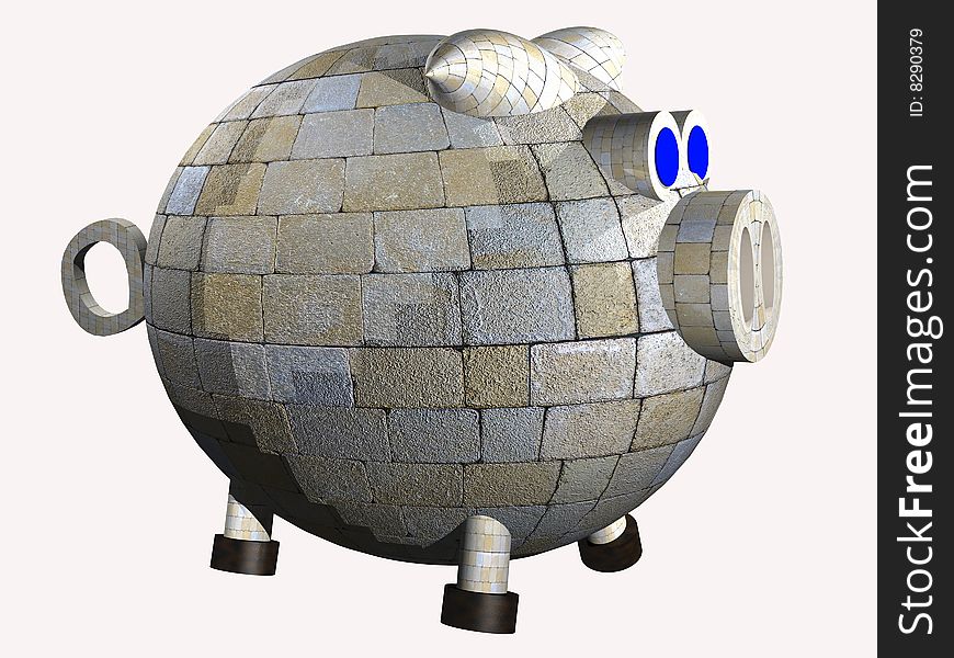 Stone built piggy bank created in 3D software. Stone built piggy bank created in 3D software.