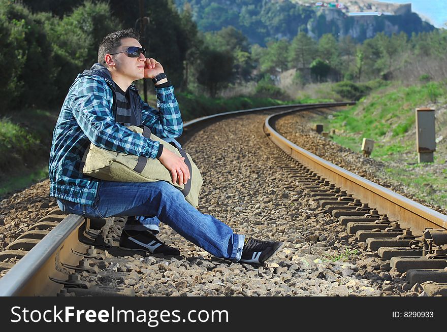 Man walking on a railway. Man walking on a railway