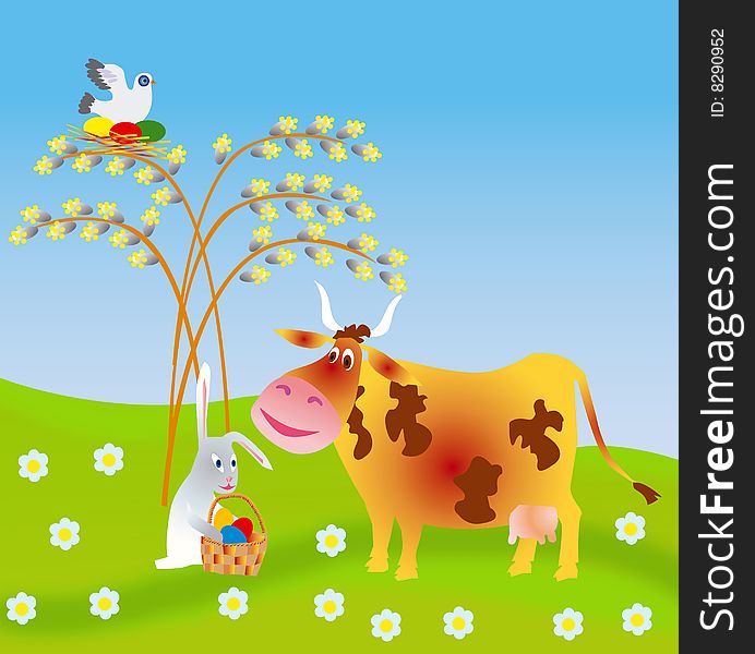 Easter reason with a cow and rabbit. Easter reason with a cow and rabbit