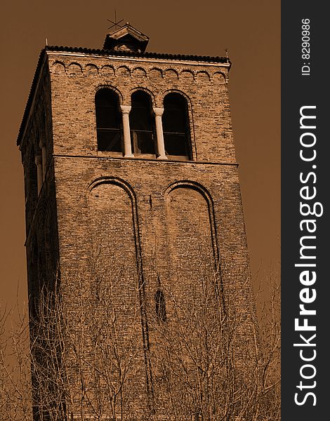 An old desolated church tower. An old desolated church tower