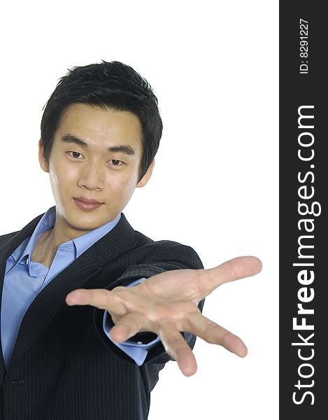 Businessman showing finger on an isolated background. Businessman showing finger on an isolated background