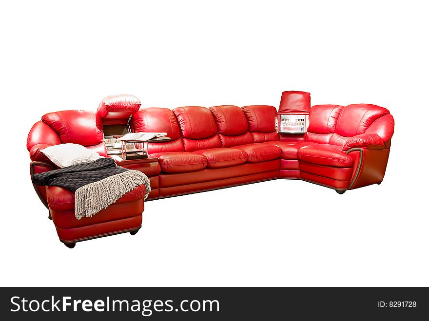 Leather beige angular modern sofa over white background