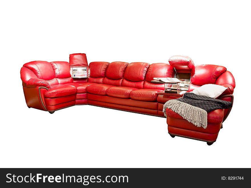 Leather beige angular modern sofa over white background