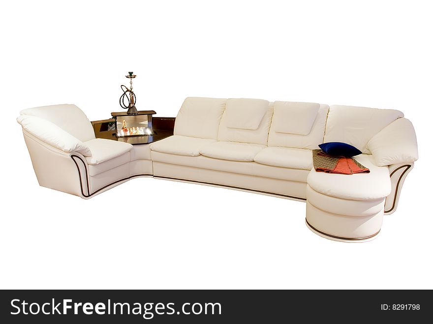 Leather beige angular modern sofa over white background