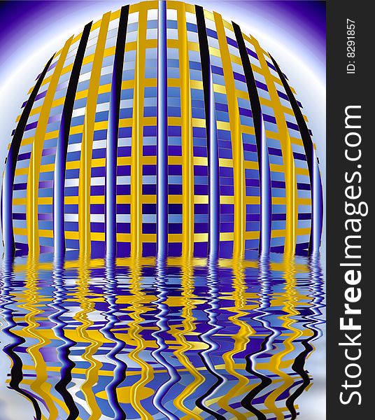 Golden and blue lines intertwined into a oval weave.. reflecting in the water, like communication data over optical wires. Golden and blue lines intertwined into a oval weave.. reflecting in the water, like communication data over optical wires