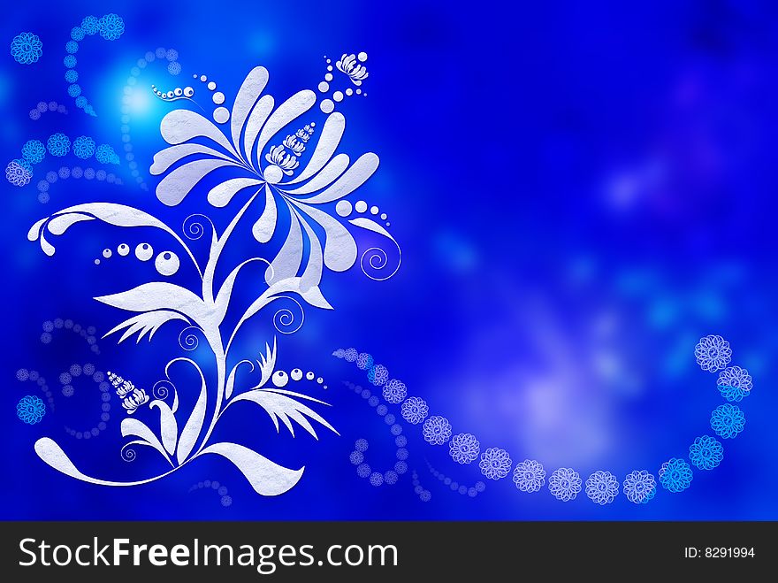 Dark blue background with light flower, on the right an enough place is for inscriptions, fits as a postal