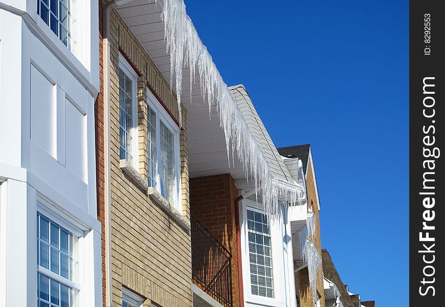 Homes with icicles in a residential area