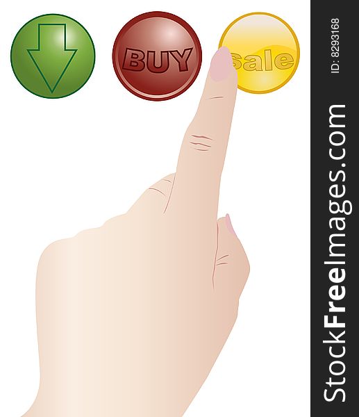 Hand, finger pointed at round yellow button. Hand, finger pointed at round yellow button