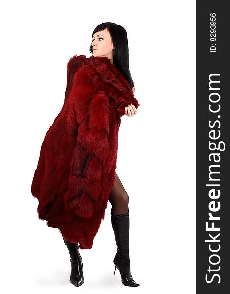 Brunette Is In A Red Fur Coat