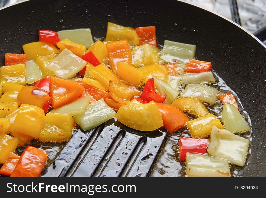 Pan with peppers ready for cooking. Pan with peppers ready for cooking