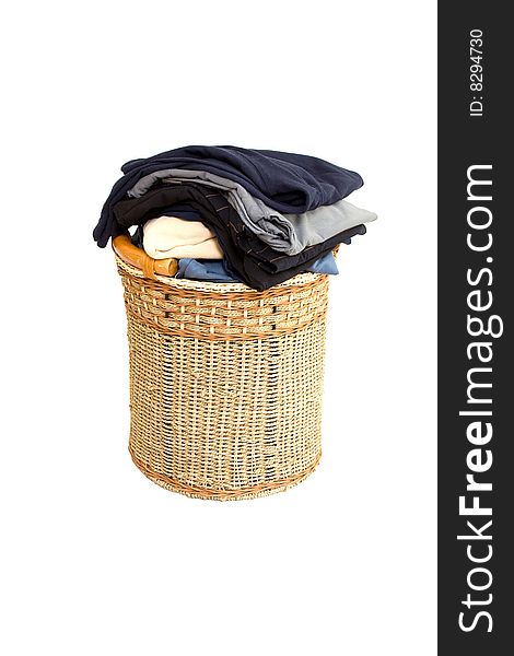 Basket with laundry isolated on white background.