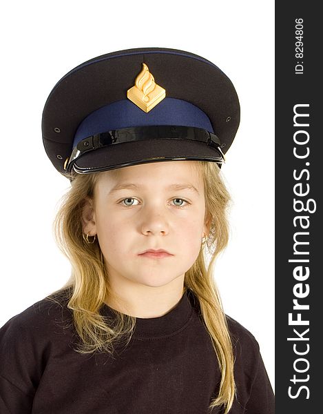 Little girl is wearing a police hat isolated on white