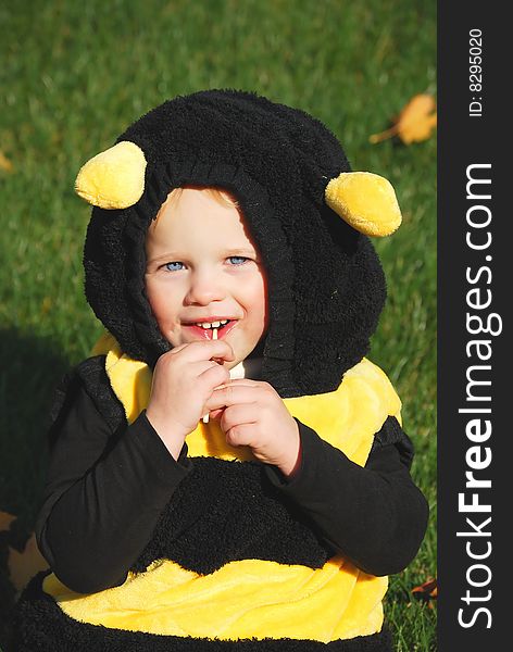 Little girl dress as bee sitting on the grass with sweets. Little girl dress as bee sitting on the grass with sweets.