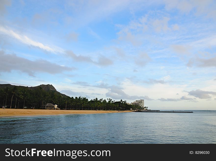 Diamond Head Crater with view of  Waikiki beach with beautiful sky. Diamond Head Crater with view of  Waikiki beach with beautiful sky