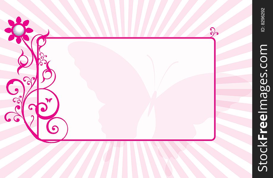 Decorative frame or banner in pink colour with swirls and butterfly. Decorative frame or banner in pink colour with swirls and butterfly