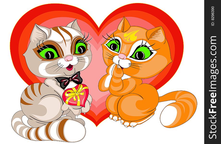 The grey cat gives a red cat in a gift heart. The grey cat gives a red cat in a gift heart