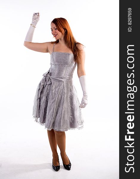 Young girl with white gloves standing on white background. Young girl with white gloves standing on white background