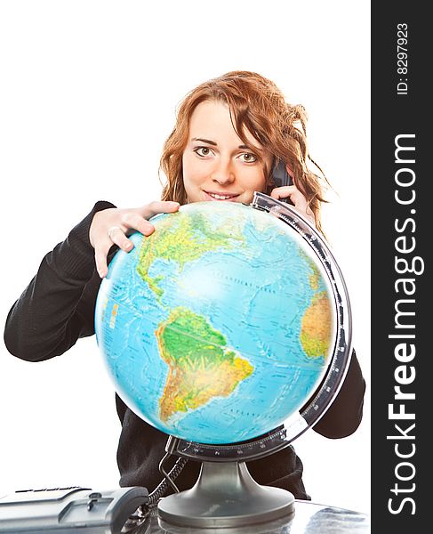 Studio photo of business woman with globe