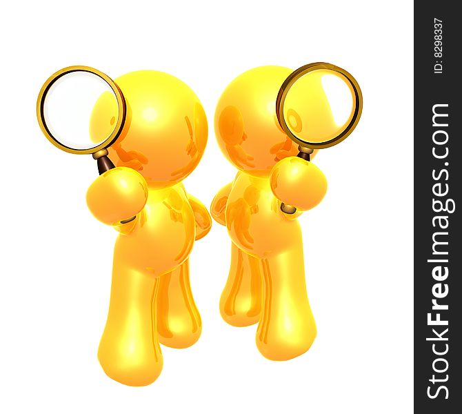 icon figures holding two magnifier glasses for double searching.  icon figures holding two magnifier glasses for double searching