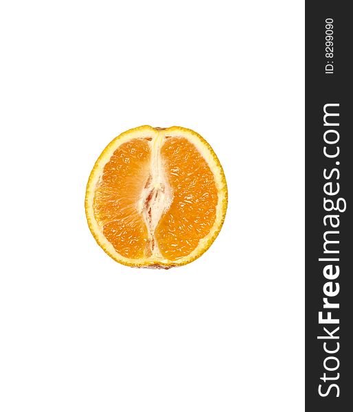 Orange cut in half towards white background. Orange cut in half towards white background