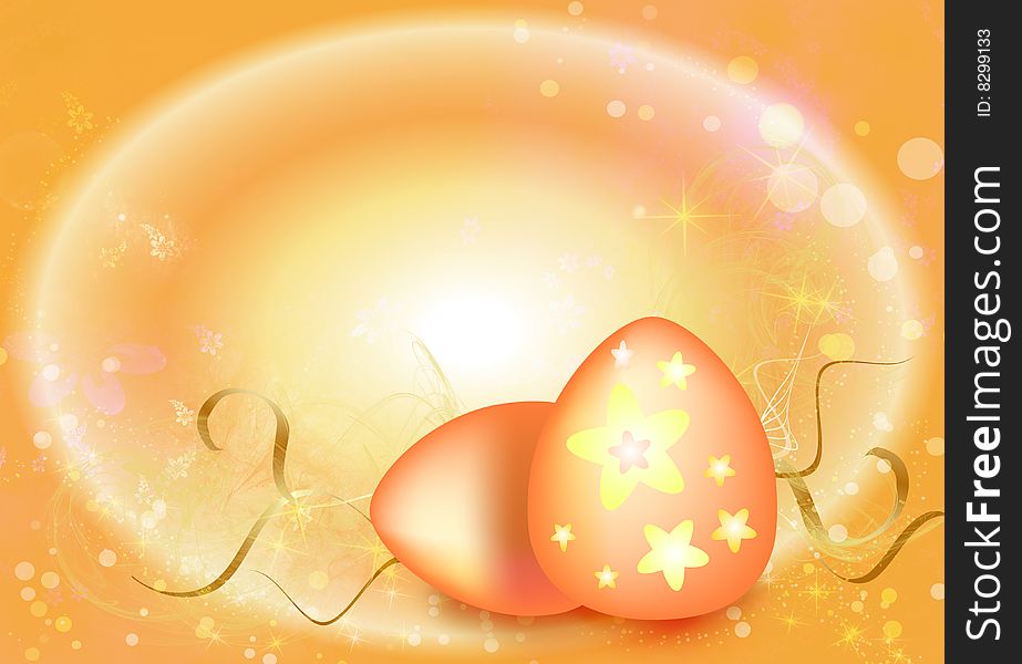Easter background, in orange-yellow glad tones, with eggs and colors. Enough available space is for inscriptions.