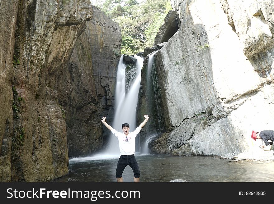 Man In Front Of Waterfall