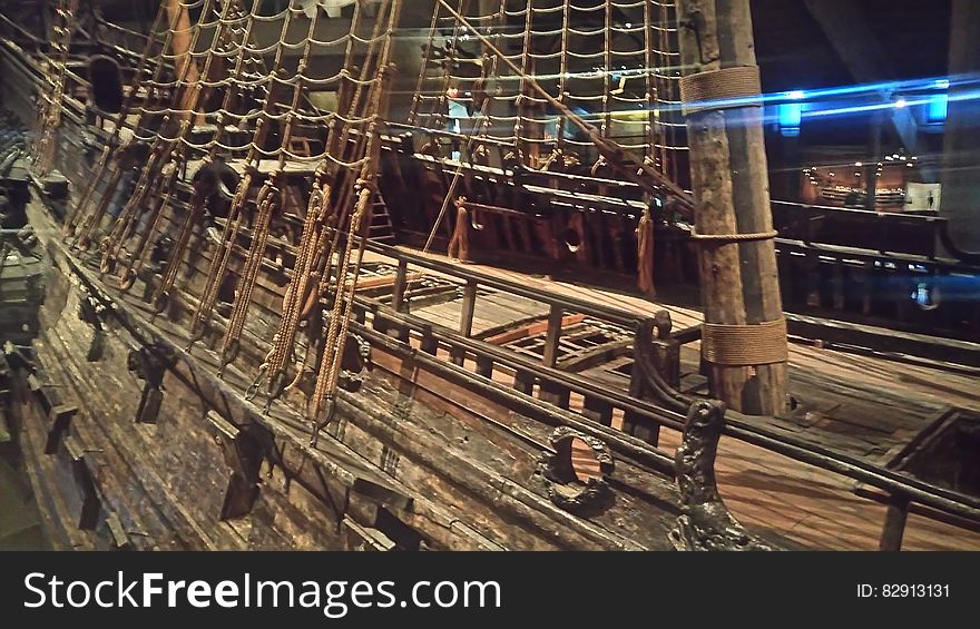 Deck and masts of wooden sailing ship inside museum. Deck and masts of wooden sailing ship inside museum.