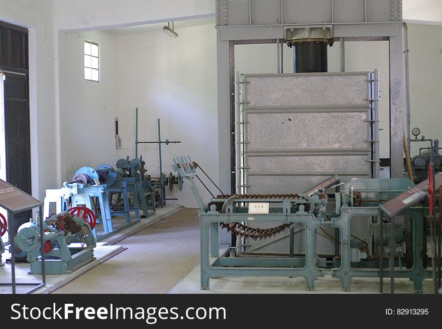 Equipment and tools inside machine shop.