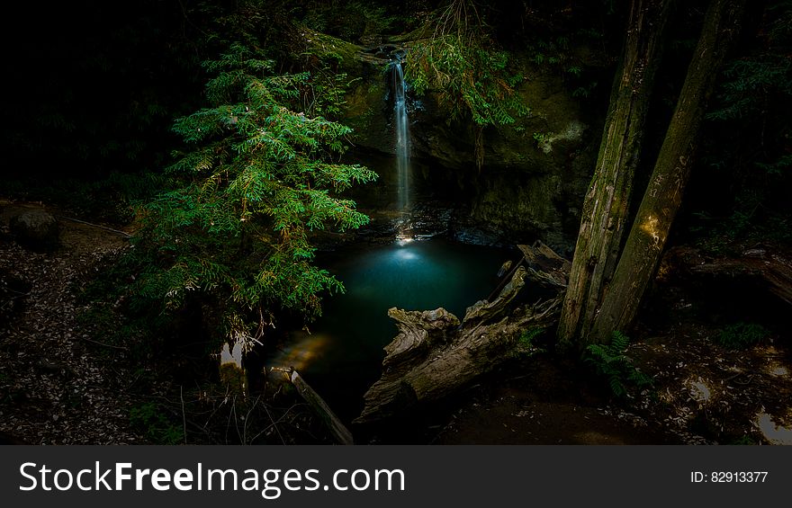 Water falling into blue pool in forest with pines on banks. Water falling into blue pool in forest with pines on banks.