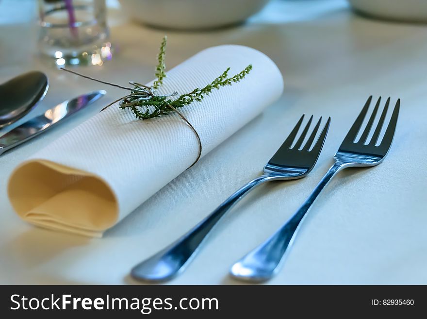 Stainless Steel Fork Beside Rolled Paper Towel With Parsley On Top