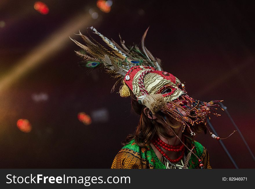 Red Grey Feathered Festival Mask