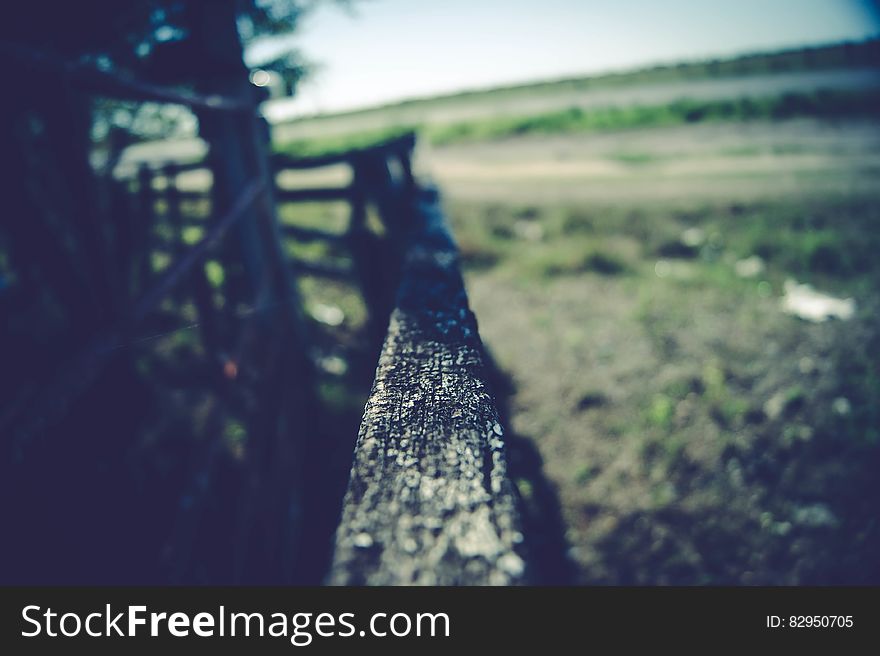 Closeup of the top rail of a wooden fence separating a dark forbidding forest from green agricultural land or pasture. Closeup of the top rail of a wooden fence separating a dark forbidding forest from green agricultural land or pasture.