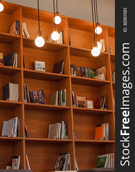 Books on built in wooden shelves with modern lights inside home. Books on built in wooden shelves with modern lights inside home.