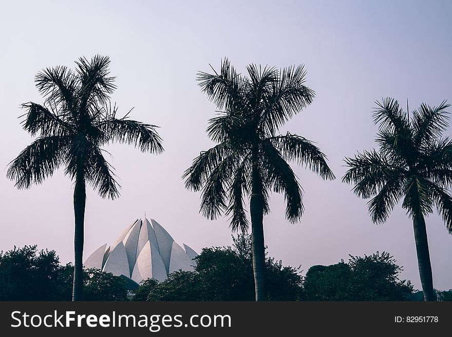 White Baha'i temple in palm trees against purple skies at sunset. White Baha'i temple in palm trees against purple skies at sunset.