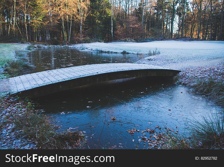 Frost covering wooden bridge over stream in green fields in early morning. Frost covering wooden bridge over stream in green fields in early morning.