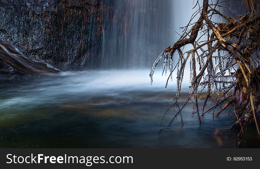 Scenic View of Waterfall during Winter