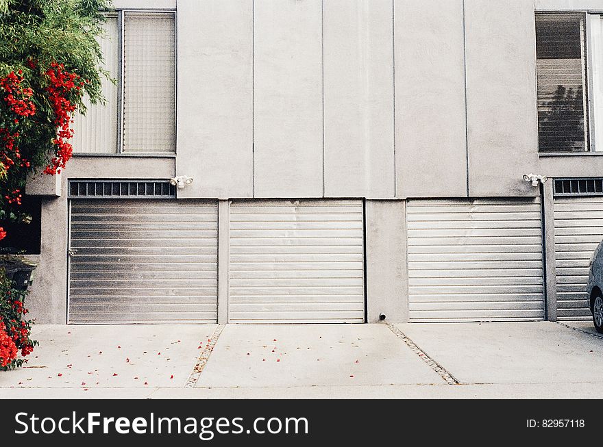 Garage doors and driveway outside modern building on sunny day with red flowers. Garage doors and driveway outside modern building on sunny day with red flowers.