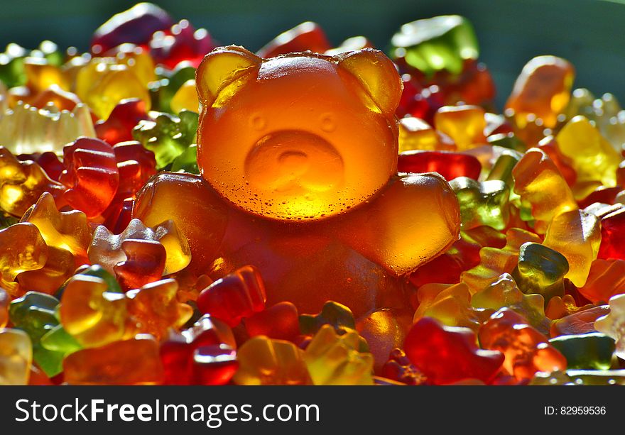 Close up of gummy bear candies.