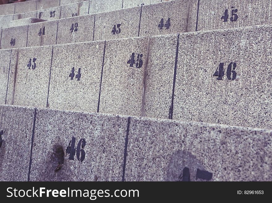 Close up of concrete seats in rows with black text numbers. Close up of concrete seats in rows with black text numbers.
