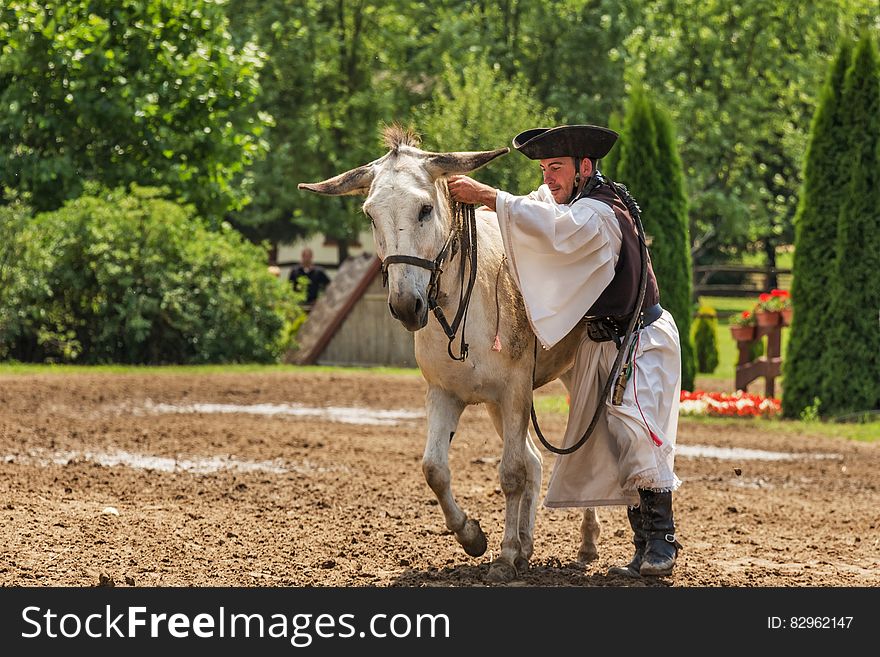 Man mounting a white donkey