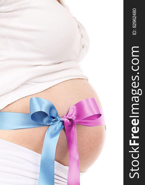 Purple and Blue Ribbon on Pregnant Woman&#x27;s Tummy